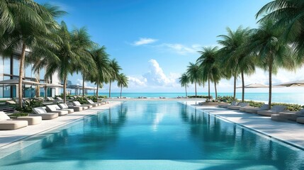 Fototapeta premium Luxurious beachfront resort with palm trees and crystal-clear waters.