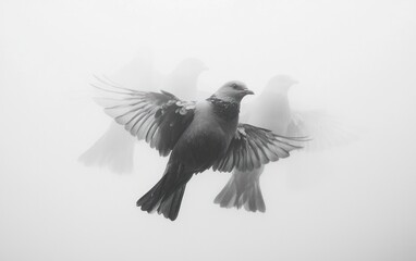 A grayscale image of a bird in flight, with blurred ghostly images of other birds in the mist.