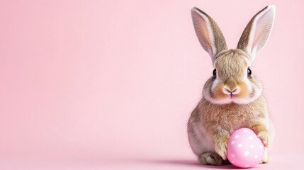 Obraz premium Photo of a little bunny, on a soft pink background Easter theme