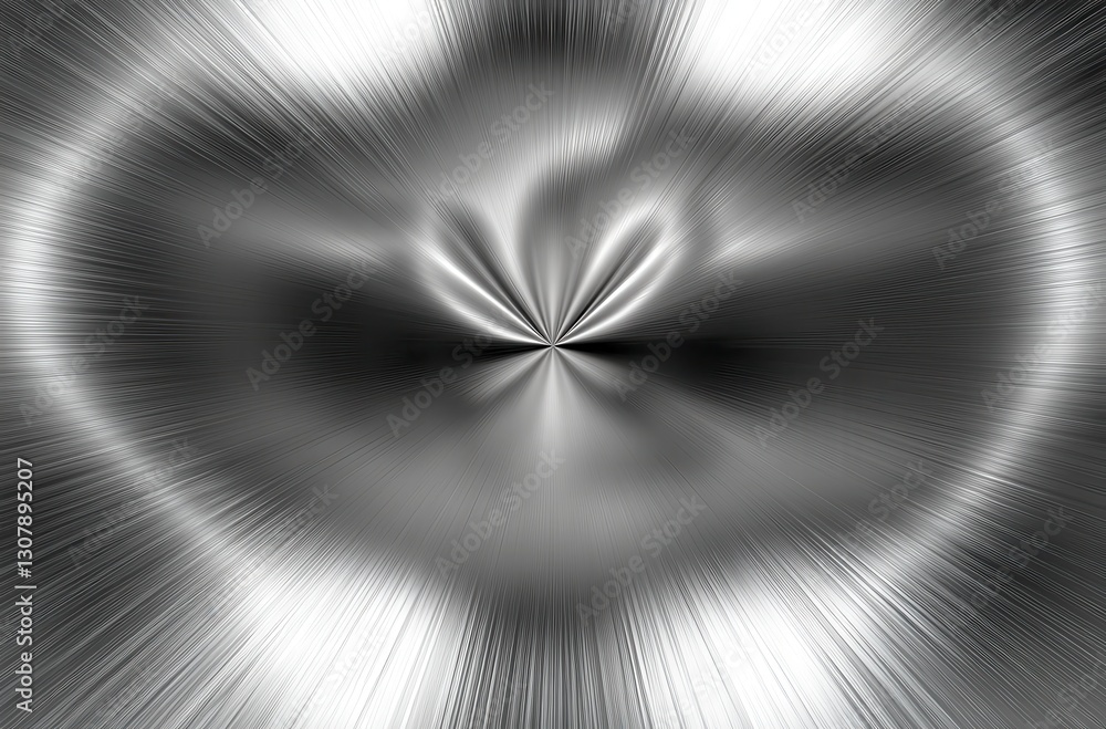 Poster abstract light burst with metallic sheen in grayscale tones, creating dynamic motion and ethereal en