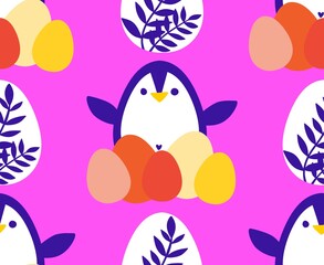 Easter animals seamless penguin and eggs pattern for wrapping paper and fabrics and linens and spring kitchen textiles