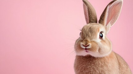 Obraz premium Photo of a little bunny, on a soft pink background Easter theme