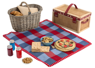 Elegant picnic basket with a variety of snacks and drinks, set on a checkered cloth against a transparent background.