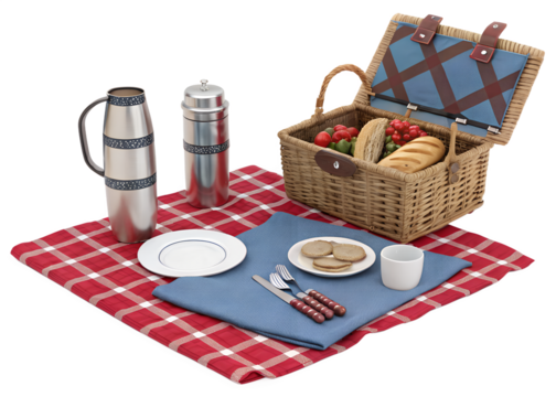 Assorted picnic items including a basket, plates, and drinks, beautifully arranged on a checkered blanket with a transparent background.