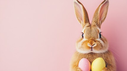 Photo of a little bunny, on a soft pink background Easter theme