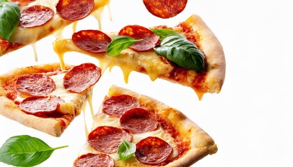 Flying Pepperoni Pizza Slices with Melting Cheese and Basil Leaves on a White Background