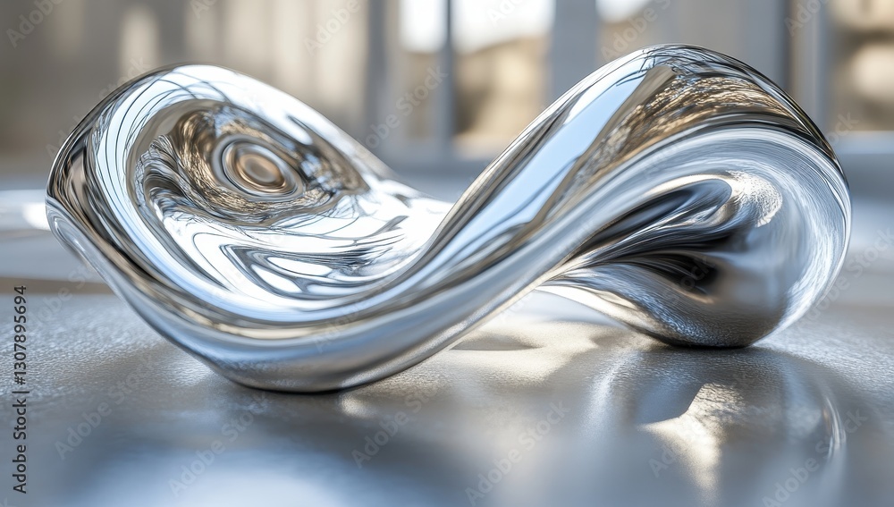 Poster abstract metallic sculpture reflecting light and creating unique patterns in a bright indoor environ