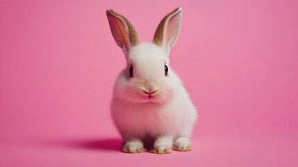 Obraz premium Photo of a little bunny, on a soft pink background Easter theme
