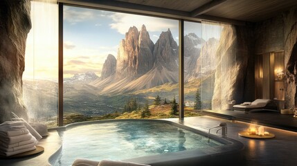 Fototapeta premium Luxury wellness resort spa with an infinity pool overlooking a mountain range.