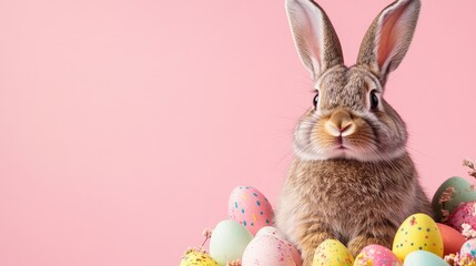 Photo of a little bunny, on a soft pink background Easter theme