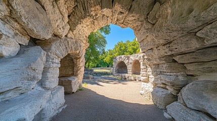 Majestic Roman amphitheater with well-preserved stone arches and columns.
