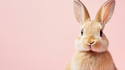 Obraz premium Photo of a little bunny, on a soft pink background Easter theme