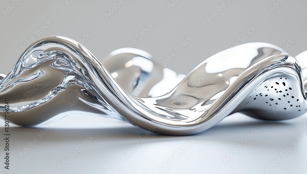 Poster abstract metallic wave sculpture displayed on a neutral background featuring smooth curves, reflecti