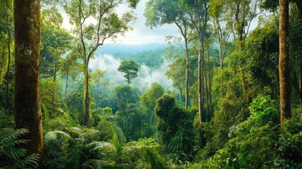 Fototapeta premium Misty rainforest with towering trees and thick vegetation, capturing biodiversity.