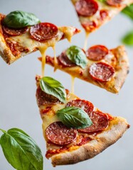 Flying Pepperoni Pizza Slices with Melting Cheese and Basil Leaves on a White Background