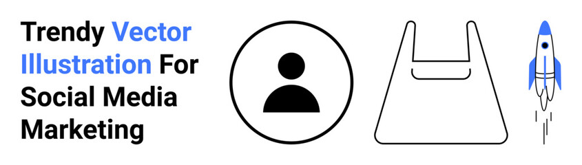 User profile icon, shopping bag symbol, and rocket launch. Ideal for digital marketing, social media, e-commerce, business growth, branding, startups flat landing page banner