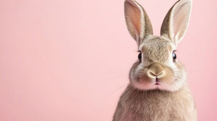 Obraz premium Photo of a little bunny, on a soft pink background Easter theme