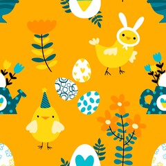 Easter ukraine chicken and eggs seamless birds pattern for wrapping paper and fabrics