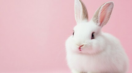 Obraz premium Photo of a little bunny, on a soft pink background Easter theme