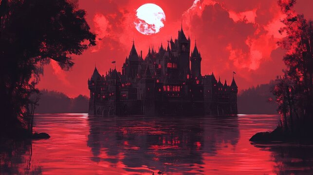 Castelo g&oacute;tico lua vermelha reflexo na &aacute;gua