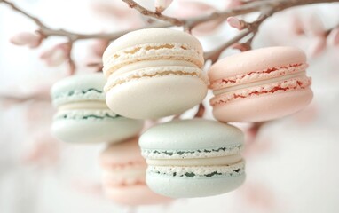 Pastel macarons hanging from a blossoming branch.