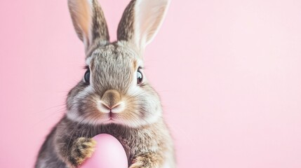 Obraz premium Photo of a little bunny, on a soft pink background Easter theme