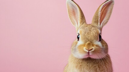 Obraz premium Photo of a little bunny, on a soft pink background Easter theme