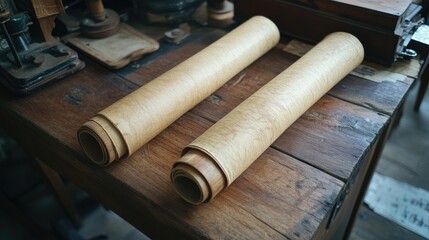 Fototapeta premium Old Asian calligraphy scrolls unrolled on a wooden writing desk.