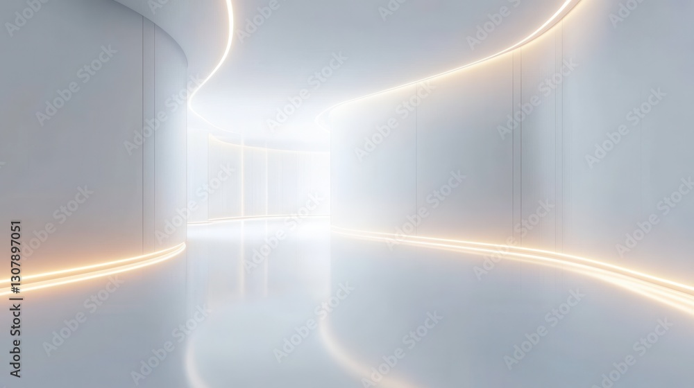 Fototapete Glowing neon light trails create a futuristic ambiance in an elegant digital setting with a bright white background Generative AI