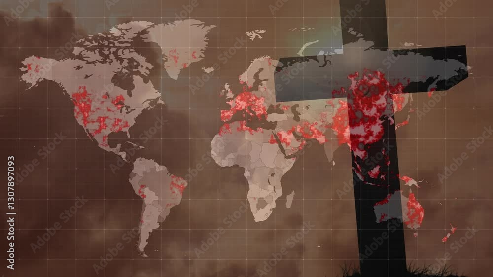Poster in animation, world map showing red areas with large cross overlay