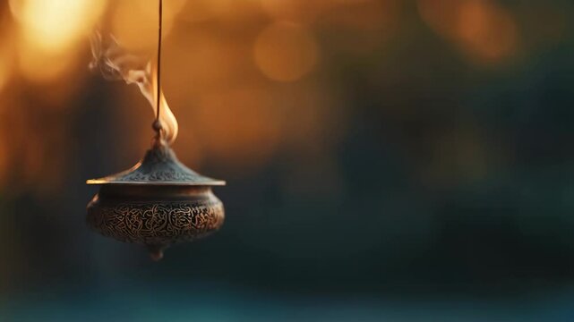 Smoking incense burner with rising smoke plume against blurred warm background. Aromatic meditation aid for relaxation and spiritual practices.