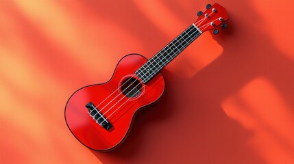 Naklejka premium Bright red ukulele on red surface with shadows, still life, musical instrument