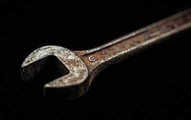 Close-up of a rusty wrench on a black background.