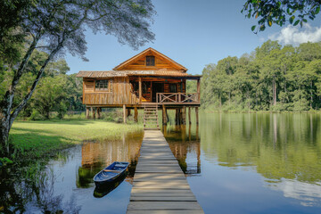 Obraz premium Wooden cabin on stilts by the lake with boat and jetty