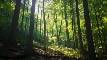 Naklejka premium Nestled in a ravine, towering trees stand in majestic stillness, their leaves dancing with sunlight, embodying naturea??s quiet resilience.