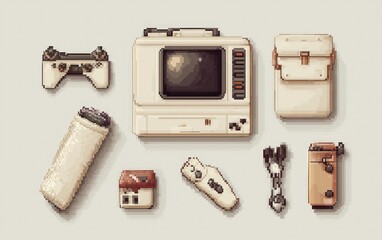 Retro gaming console, controller, TV, accessories, pixel art, beige aesthetic.