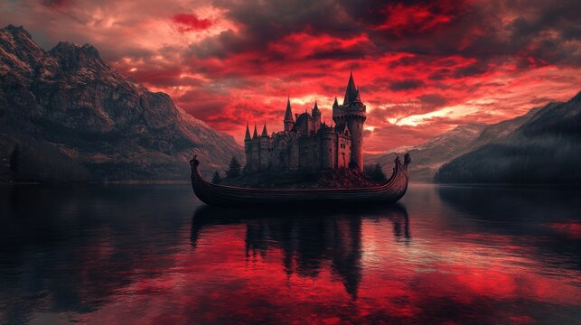 Castelo em um lago tranquilo com c&eacute;u vermelho
