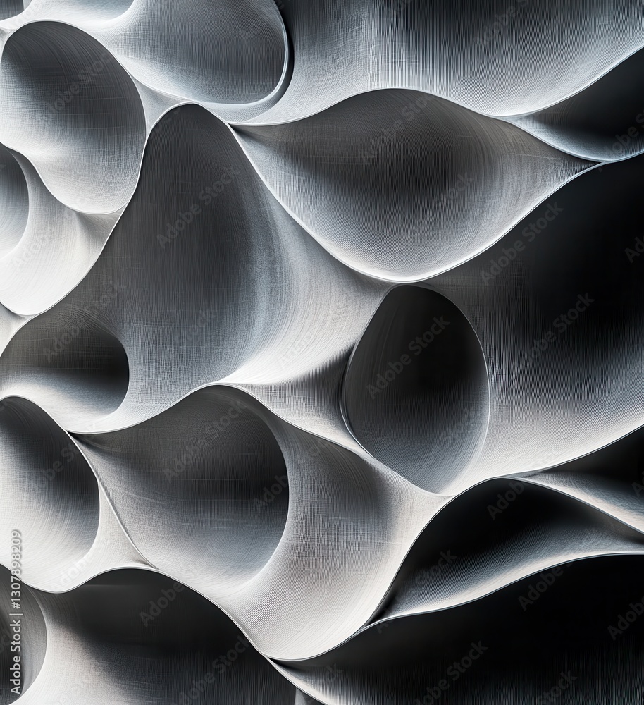 Poster abstract texture of flowing curves and waves in shades of white and gray, creating a dynamic and mod