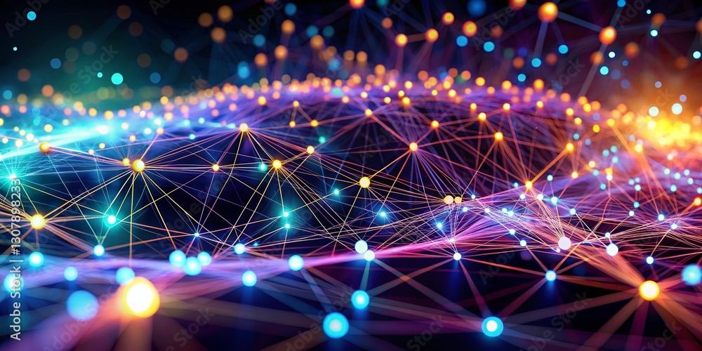 Aufkleber abstract data network: connecting dots & lines 3d render, dark background, long exposure effect