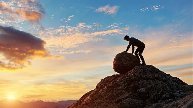 Man Pushing Boulder Up Mountain Sunset Success Perseverance