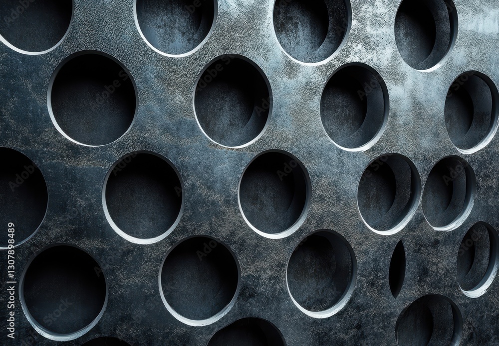 Poster abstract textured wall featuring circular holes showcasing a modern architectural design with indust