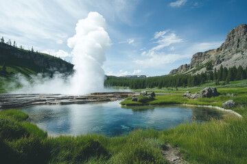 Majestic geyser erupting in yellowstone national park with steam and blue water