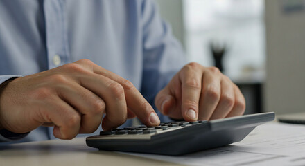 Fototapeta premium Persona usando una calculadora con manos en foco para representar la gestión financiera en un entorno de oficina. Calcula impuestos fotos,. Calcula la ganancia. Cálculo de gastos. Auditoría