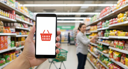 Fototapeta premium Person holding smartphone with shopping basket icon while shopping in a grocery store.