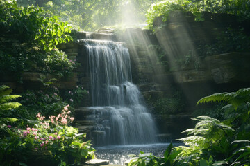 Naklejka premium Sunbeams lighting waterfall in lush tropical garden