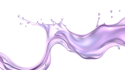 Abstract waves and splashes of liquid lilac color metal with realistic reflections. Smooth, curved shapes create a fluid and elegant effect. isolated
