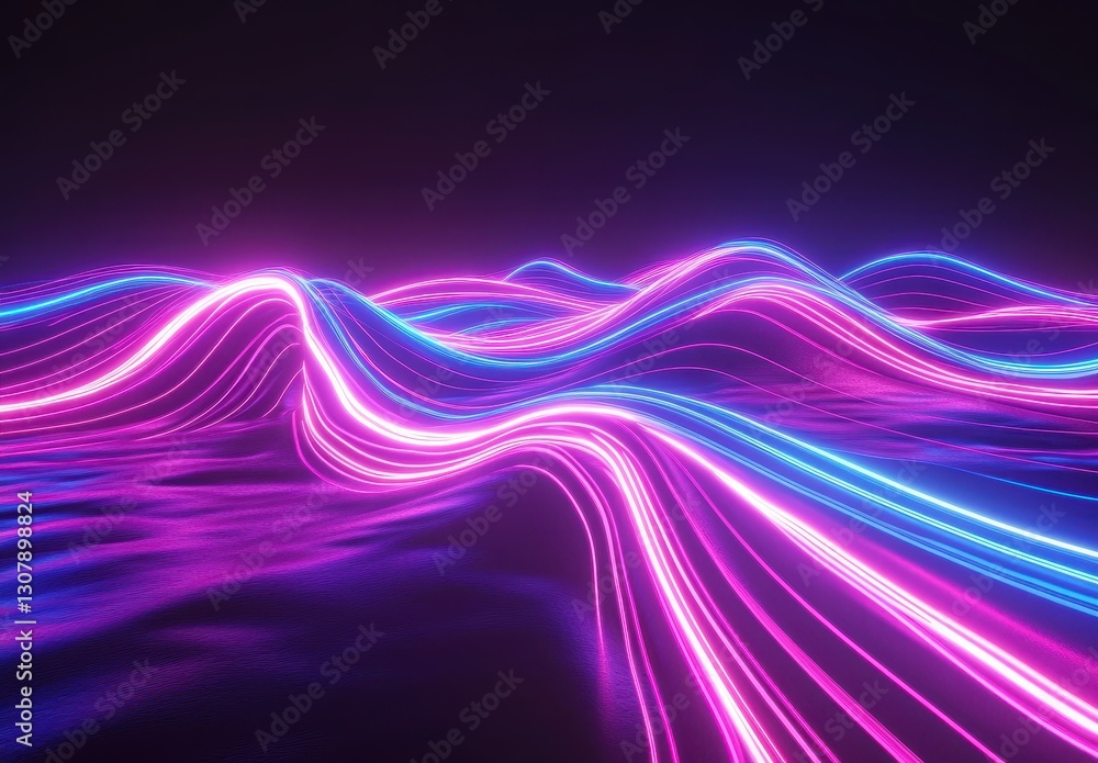 Poster abstract waves of colorful light with pink and blue neon glow flowing in a dark atmosphere, creating