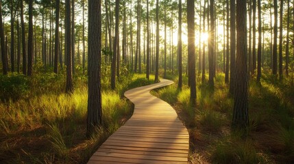 Fototapeta premium Scenic boardwalk trail winding through a dense pine forest in an eco-reserve.