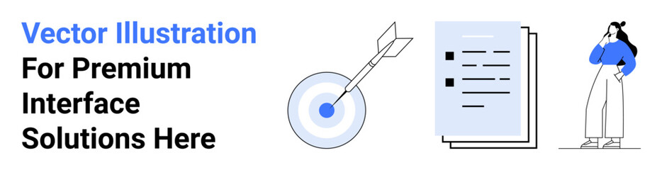 Graphical dart hitting target, document stack, and pondering woman in relaxed stance detail success focus. Ideal for business, productivity, solutions, strategizing, planning, teamwork flat landing