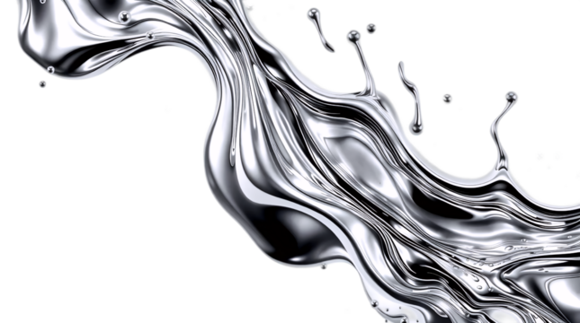 Abstract waves and splashes of liquid steel metal with realistic reflections. Smooth, curved shapes create a fluid and elegant effect. isolated